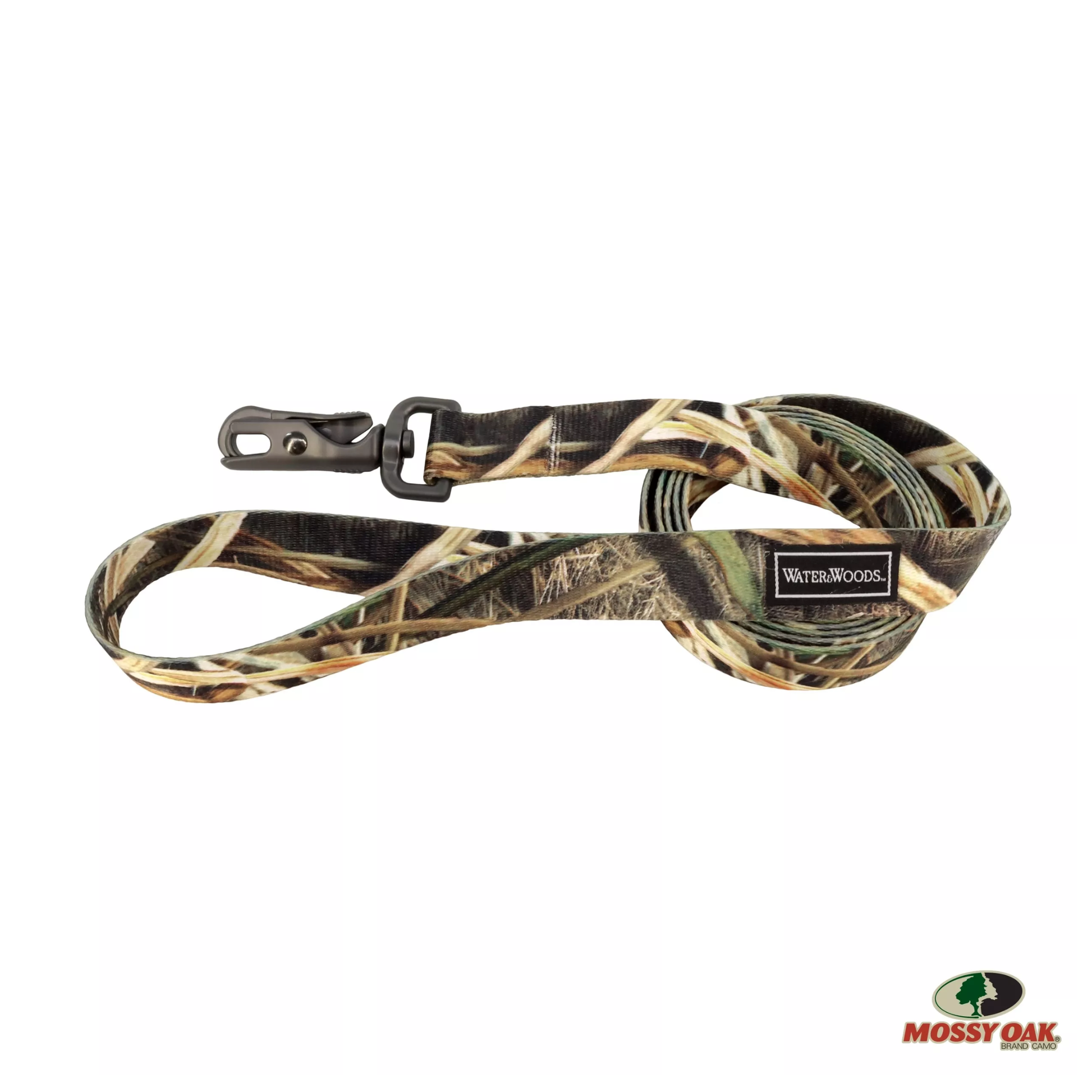 Camouflage dog leash with a visible brand logo on a white background