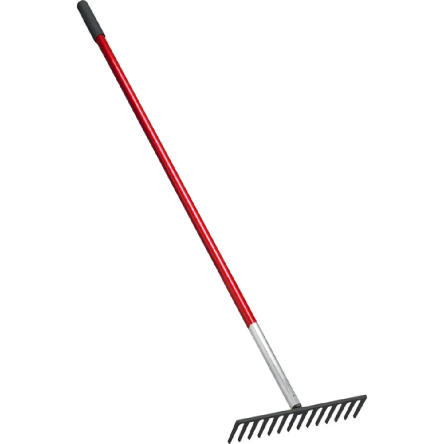 Red garden rake with black metal teeth on a white background