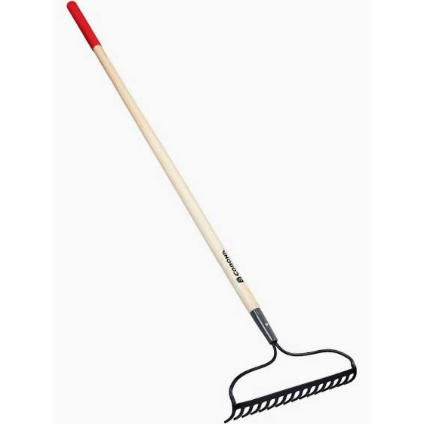 Garden rake with red handle on a white background