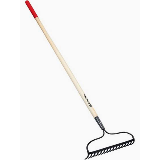 Garden rake with red handle on a white background