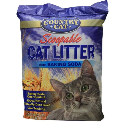Bag of Country Cat scoopable cat litter with a cat on the label