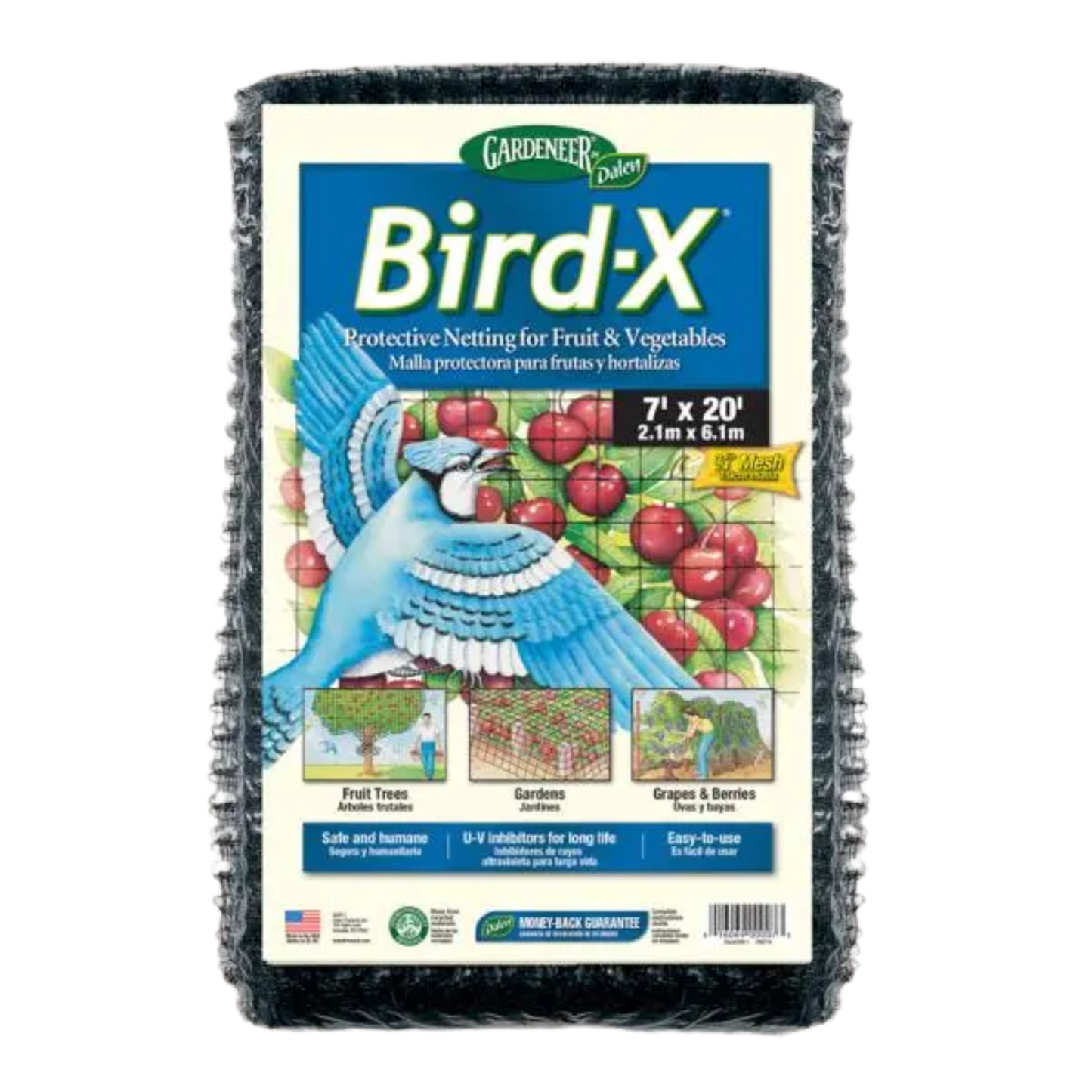 Bird-X protective netting packaging for fruit and vegetables on a white background