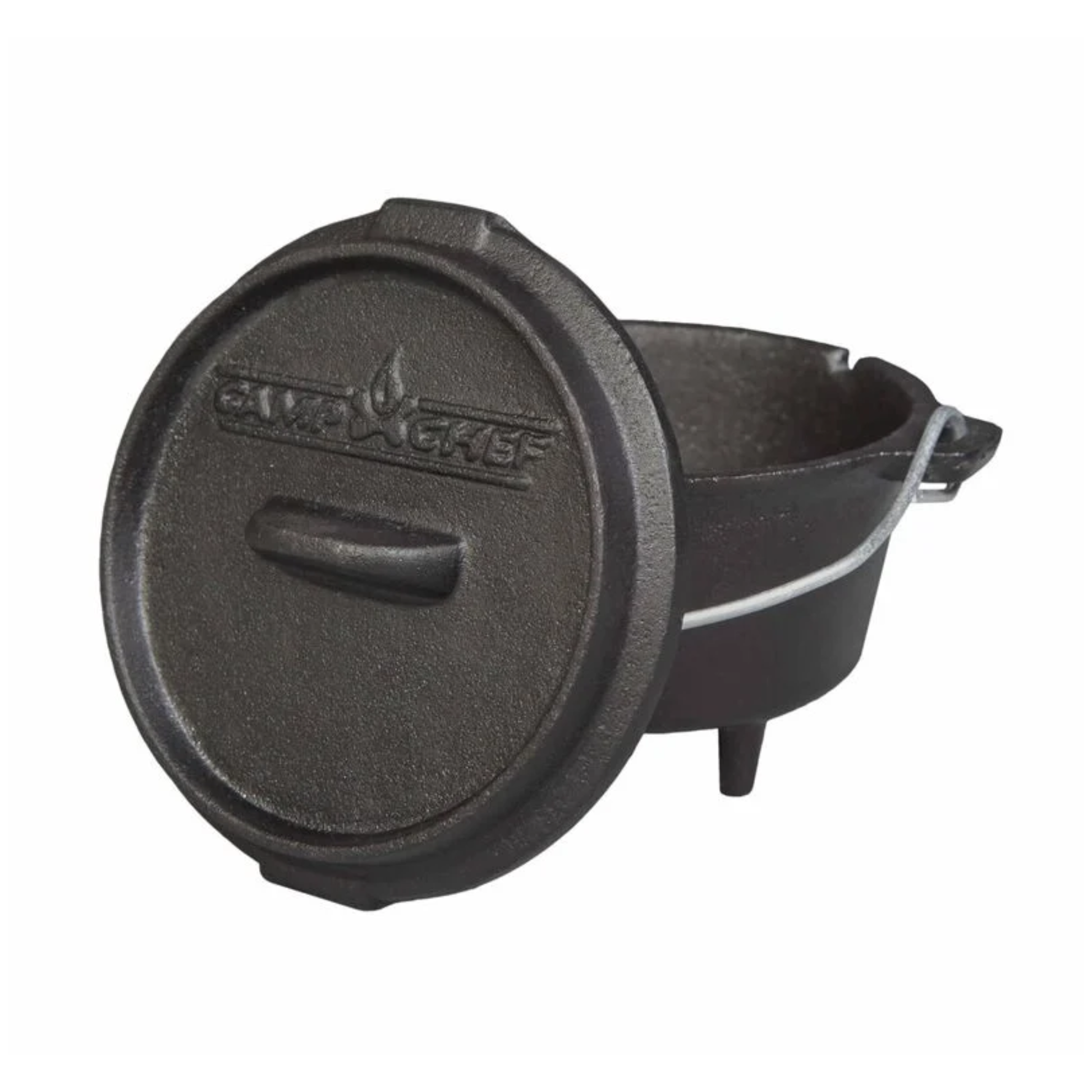 Black cast iron pot with lid on a white background