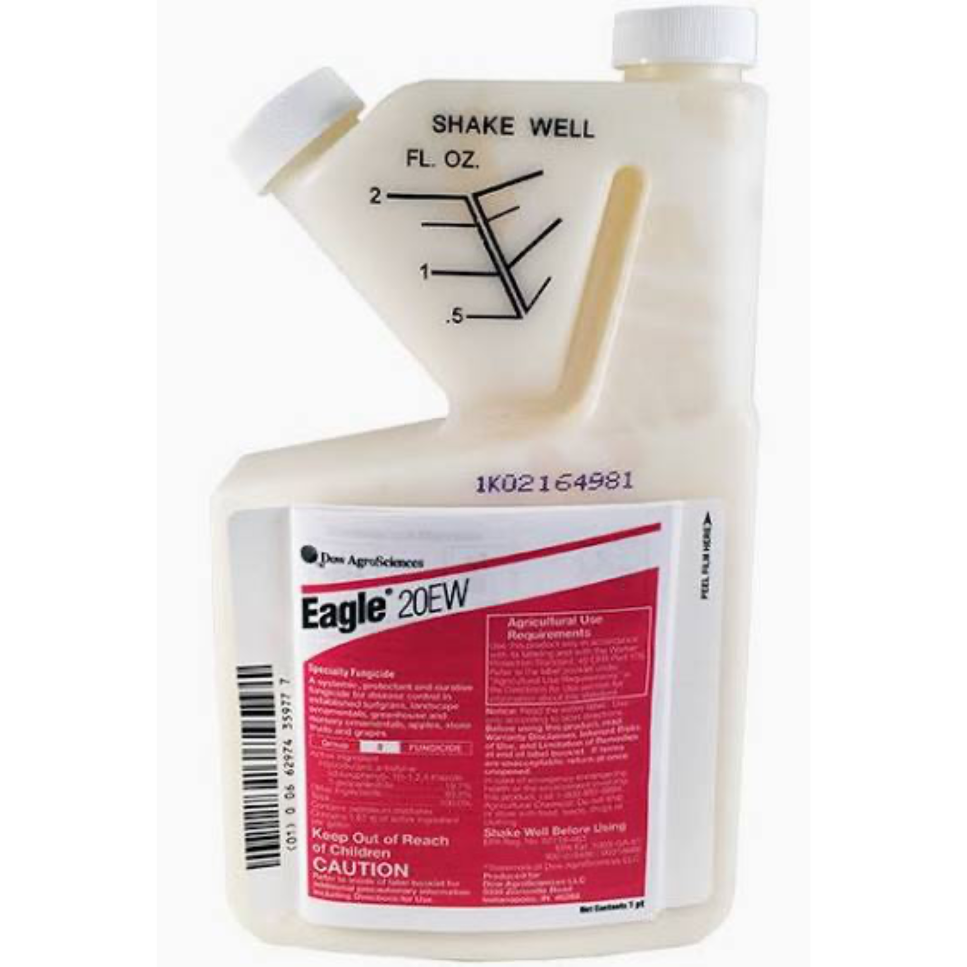 A 16 oz plastic bottle of Eagle 20EW fungicide by Dow AgroSciences, featuring a white body with a red and white label, and a measurement guide on the shoulder.