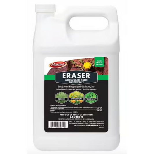 White container of Martin's Eraser Weed & Grass Killer Concentrate on a white background