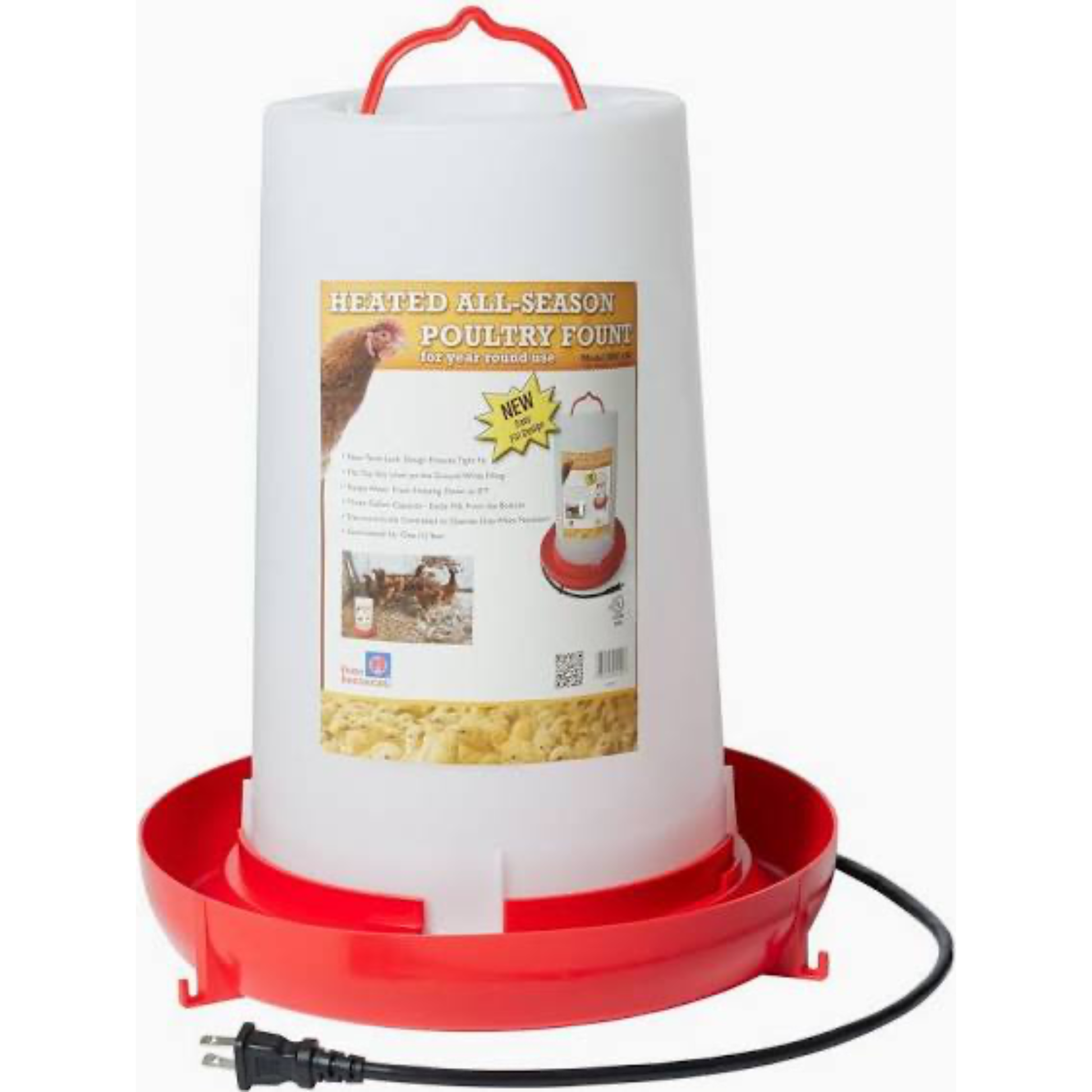 Heated poultry fountain with red base and white container on a white background