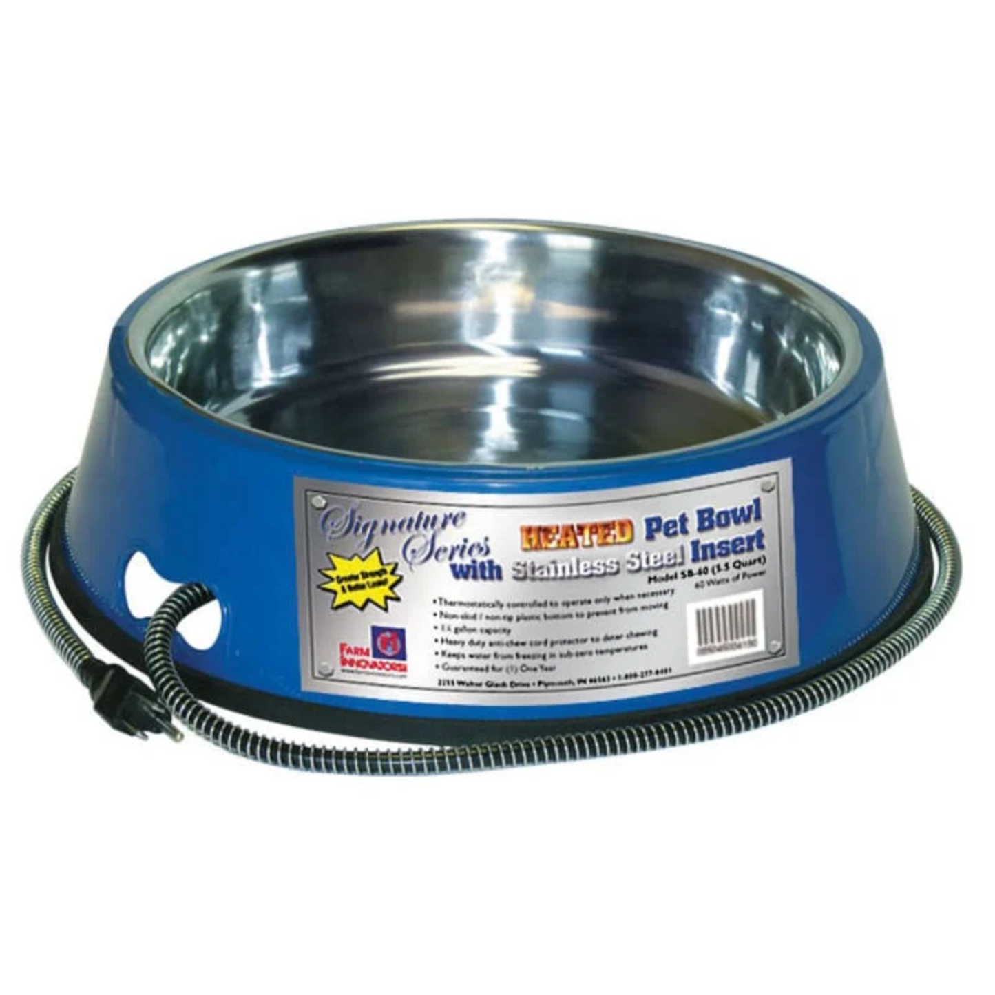 Blue pet bowl with stainless steel insert on a white background