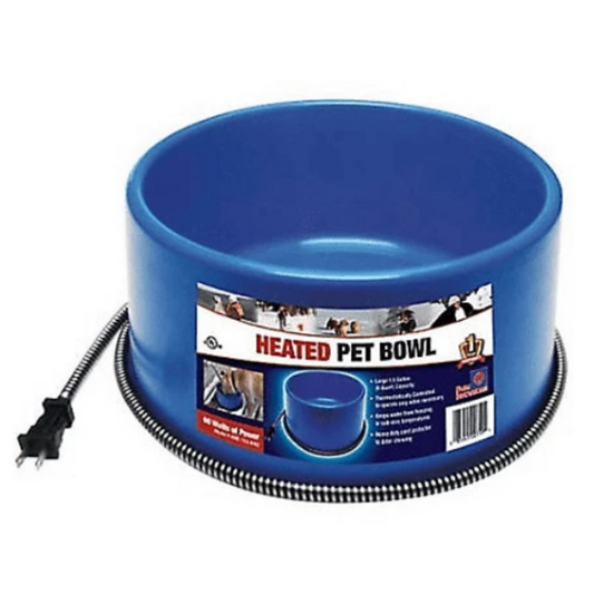 Blue heated pet bowl with power cord on a white background