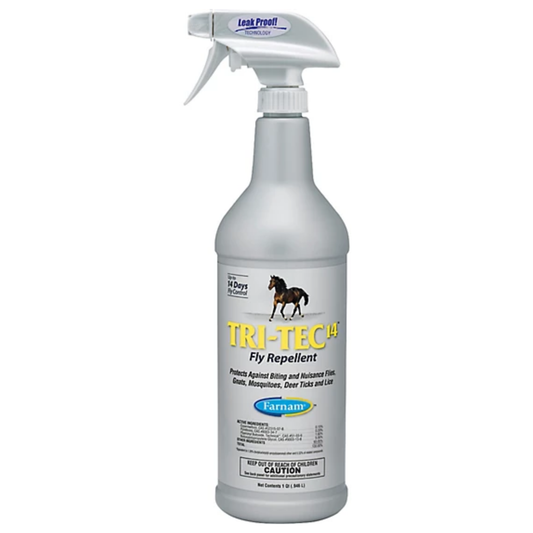Tri-Tec fly repellent spray bottle on a white background