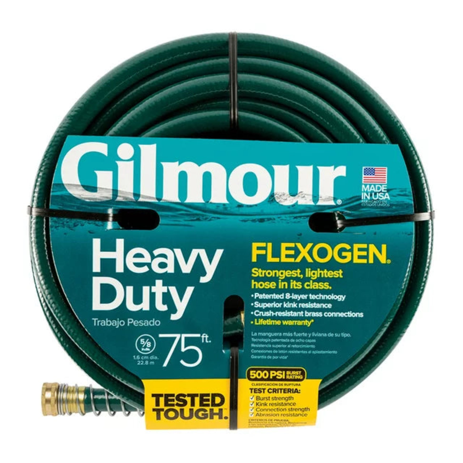 A coiled green Gilmour Heavy Duty Flexogen garden hose with 3/4 inch diameter, displayed with packaging that includes product information and the American flag.