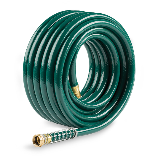 Coiled green garden hose with brass connectors on a white background