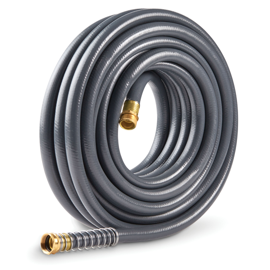 Gray garden hose with brass connectors on a white background