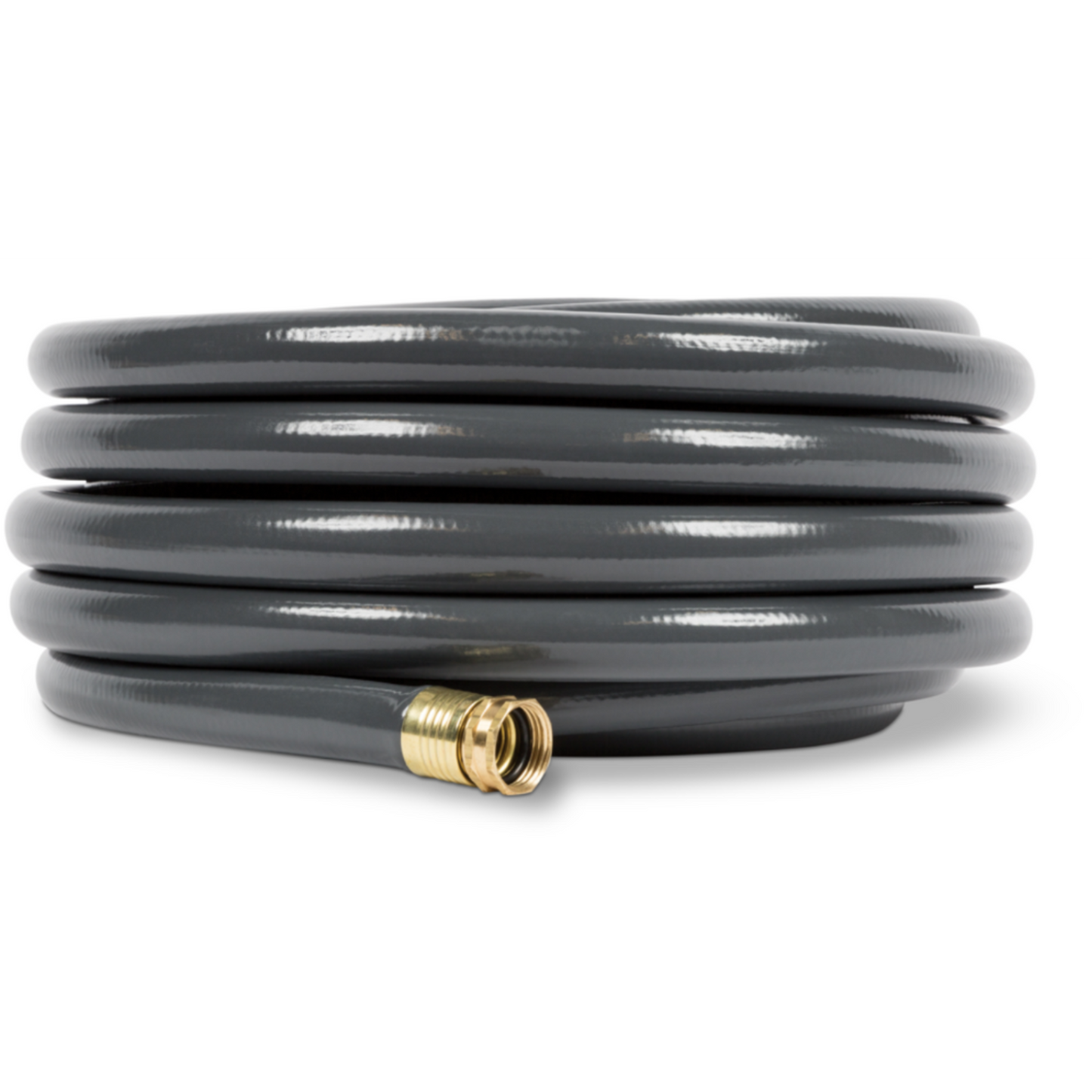 Coiled gray garden hose with brass fitting on a white background