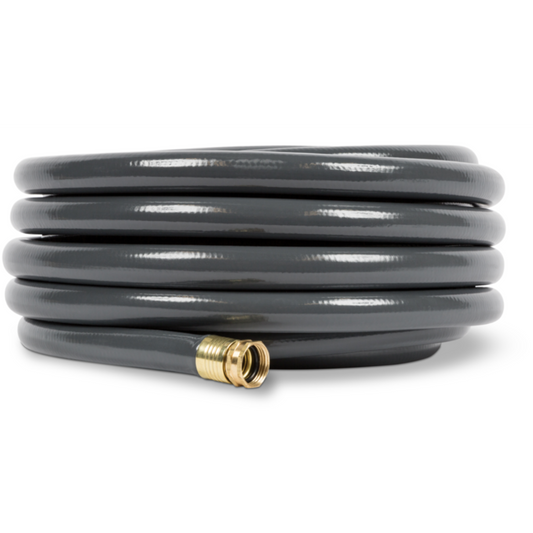 Coiled gray garden hose with brass fitting on a white background