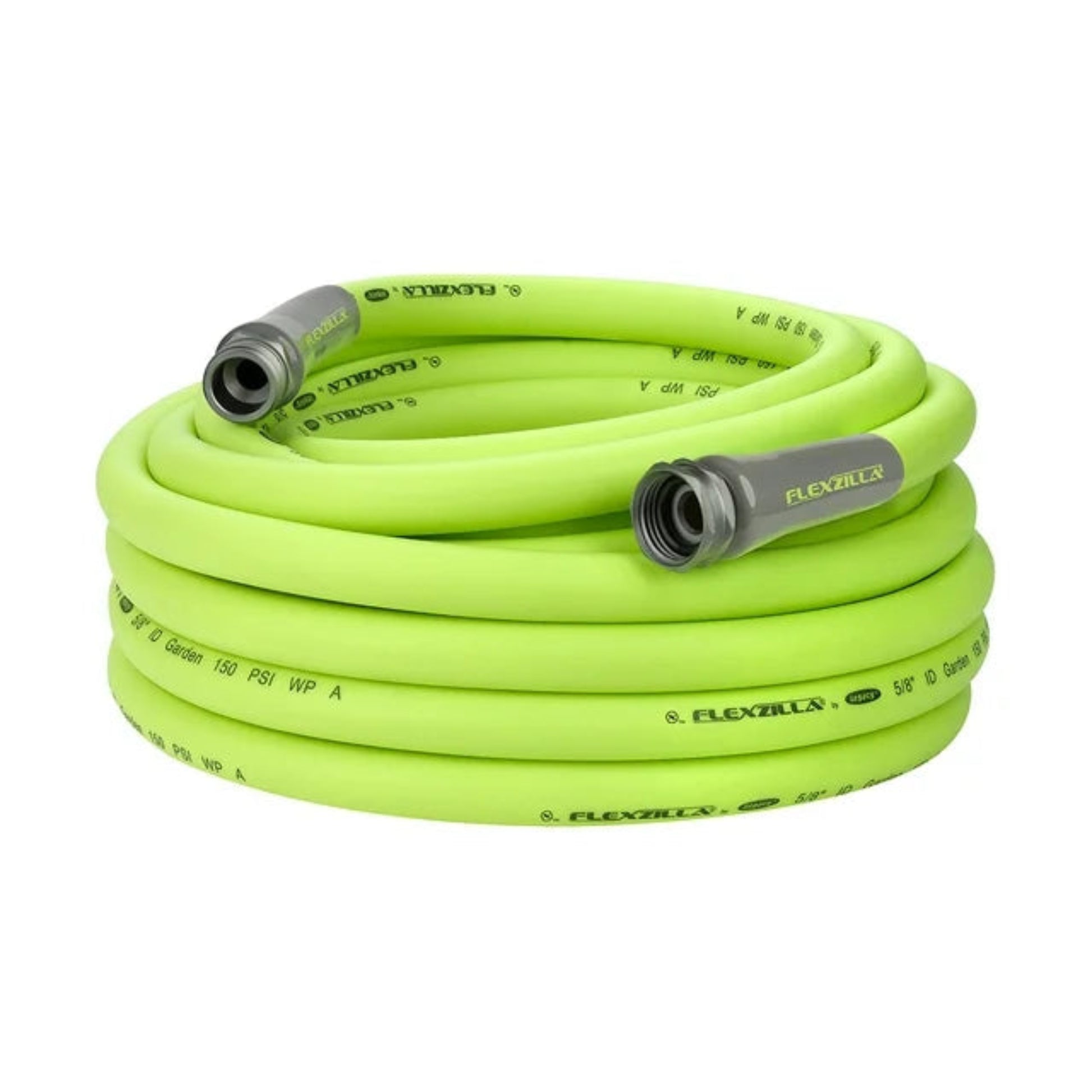 Neon green garden hose on a white background