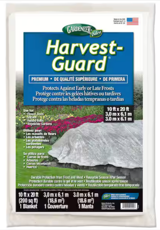 Harvest-Guard frost protection blanket packaging with text and images on a white background