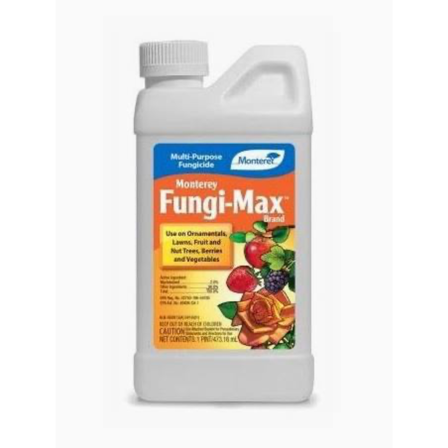 A white plastic bottle of Monterey Fungi-Max Multi-Purpose Fungiicide with a colorful label showing fruit and rose graphics, set against a plain white background.