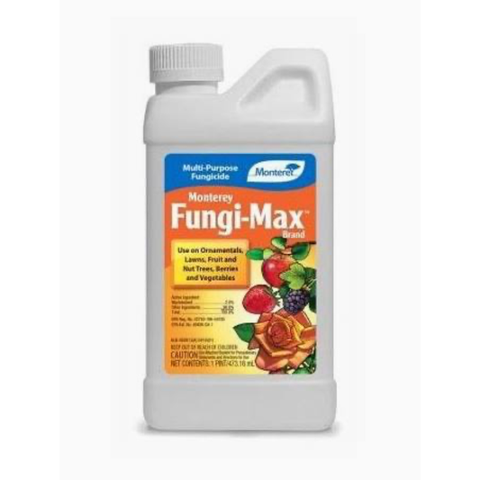 A white plastic bottle of Monterey Fungi-Max Multi-Purpose Fungiicide with a colorful label showing fruit and rose graphics, set against a plain white background.