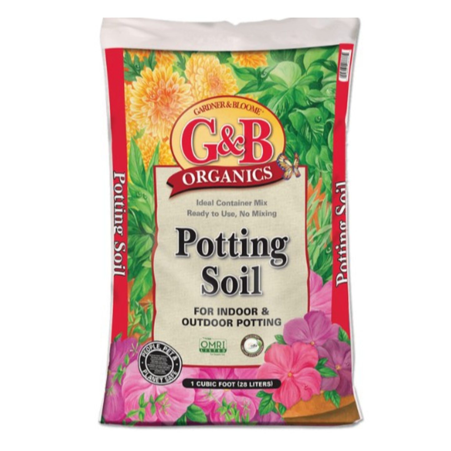 Bag of G&B Organics potting soil with floral design on a white background