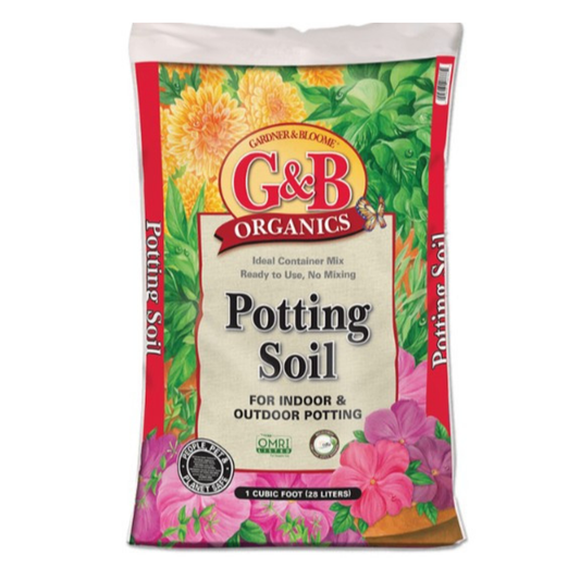 Bag of G&B Organics potting soil with floral design on a white background