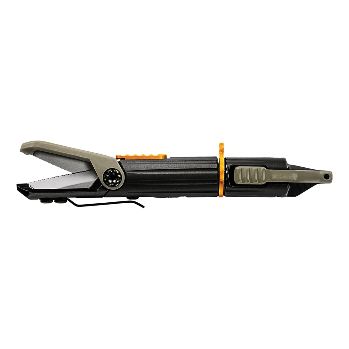 Black and gray tool with orange accents on a white background