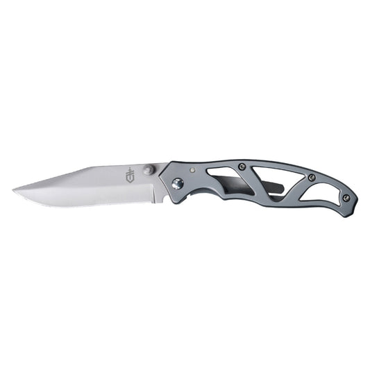 Folding knife with a metallic blade and gray handle on a white background