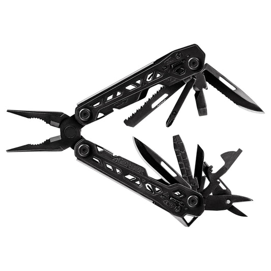 Black multi-tool with various components on a white background