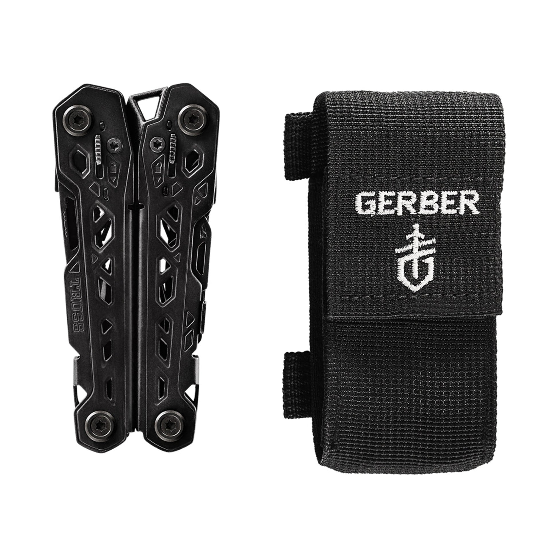 Black multi-tool with carrying case on a white background, featuring the Gerber brand.