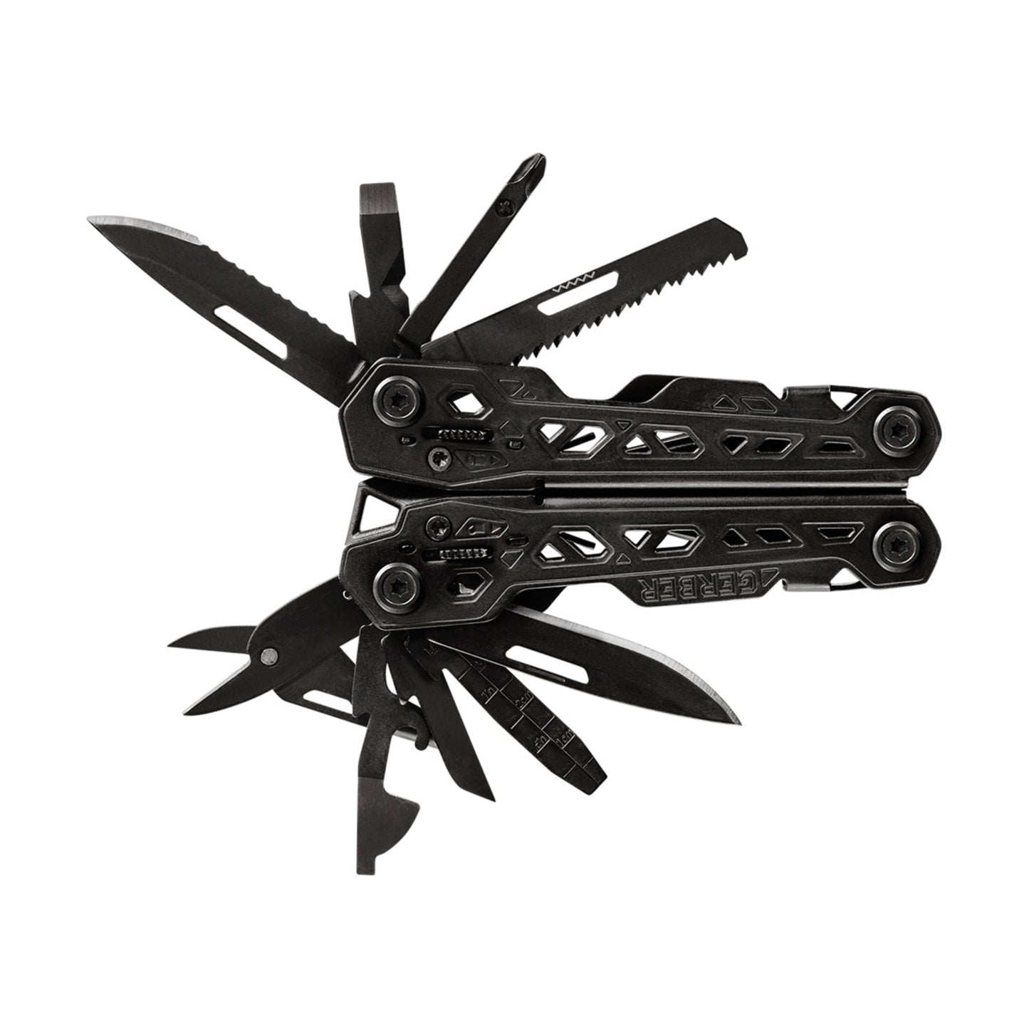 Black multi-tool with multiple tools on a white background