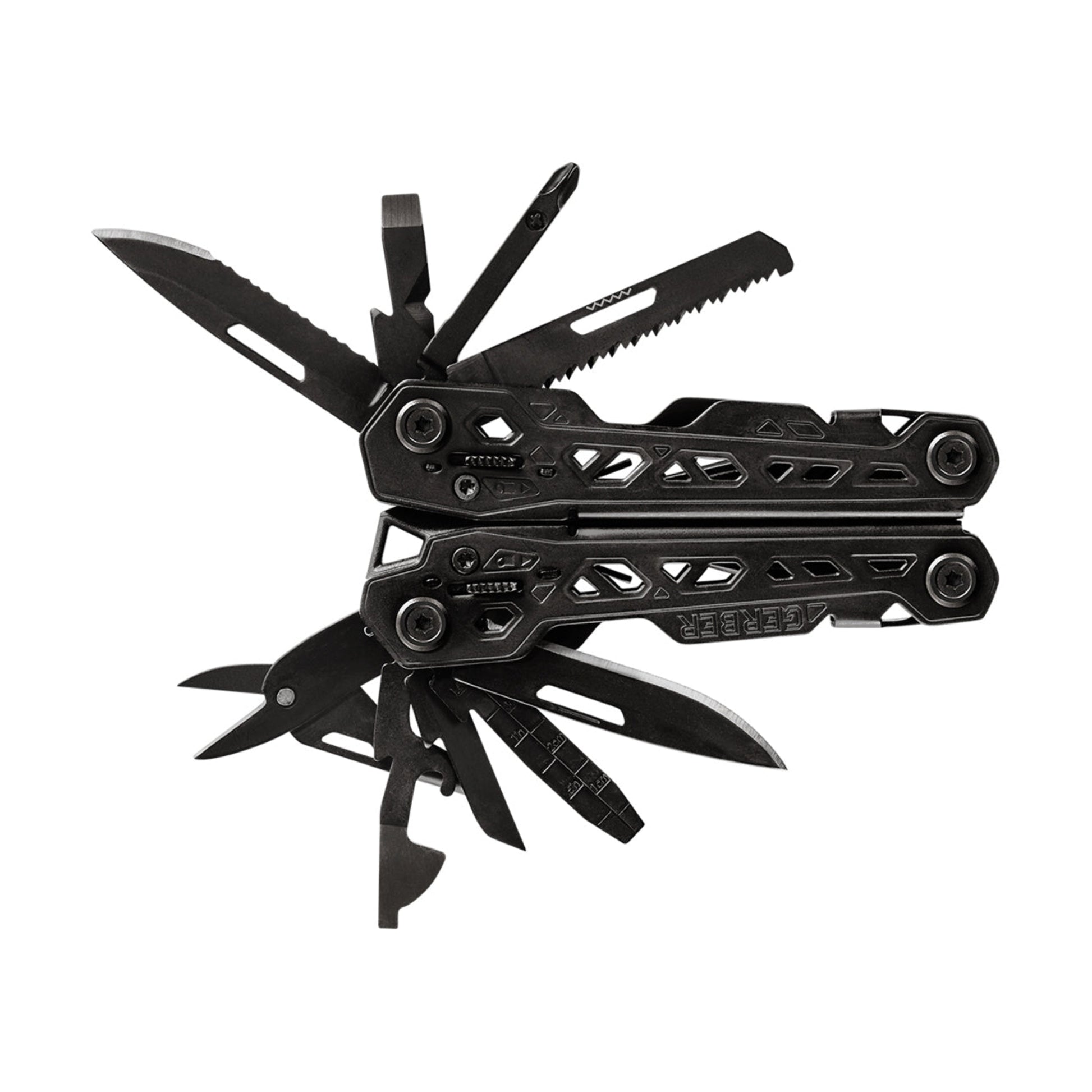 Black multi-tool with multiple tools on a white background
