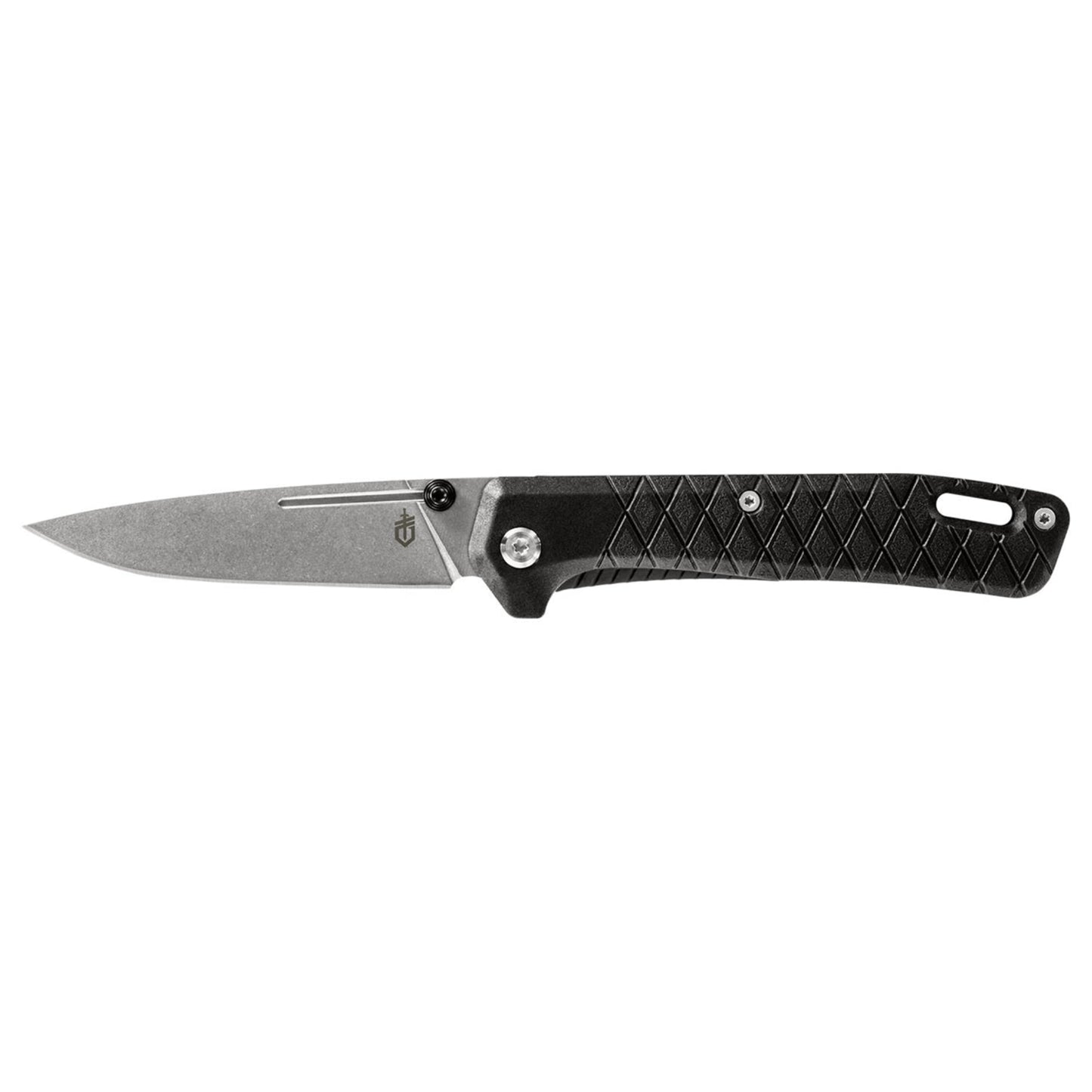 Folding knife with black handle and silver blade on a white background