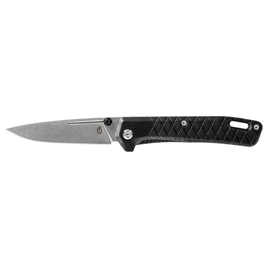 Folding knife with black handle and silver blade on a white background