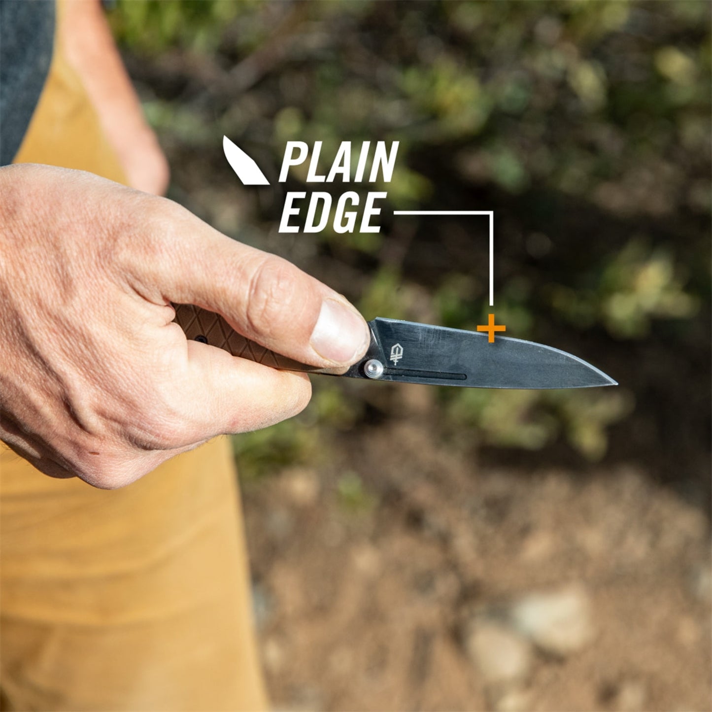 Hand holding a knife with 'Plain Edge' text and branding logo.