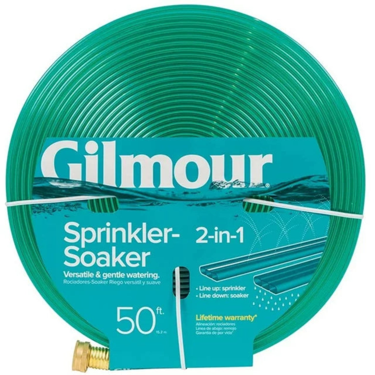A green Gilmour sprinkler soaker hose on a white background