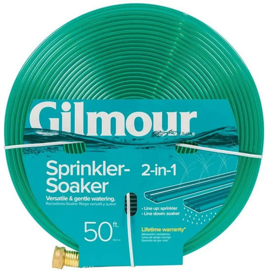 A green Gilmour sprinkler soaker hose on a white background