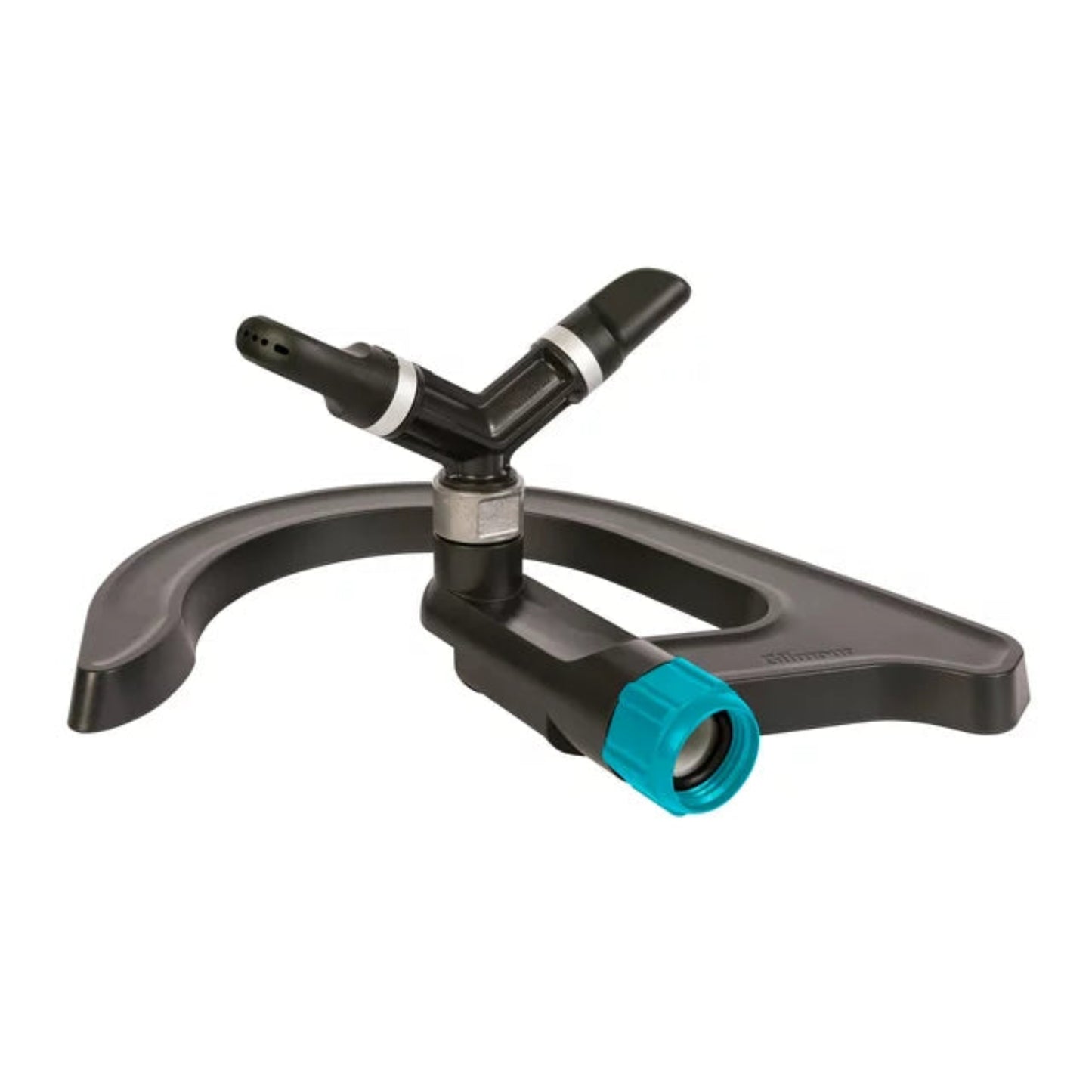 Gilmour Adjustable Whirler Sprinkler with a black and gray body and green adjustable nozzle.