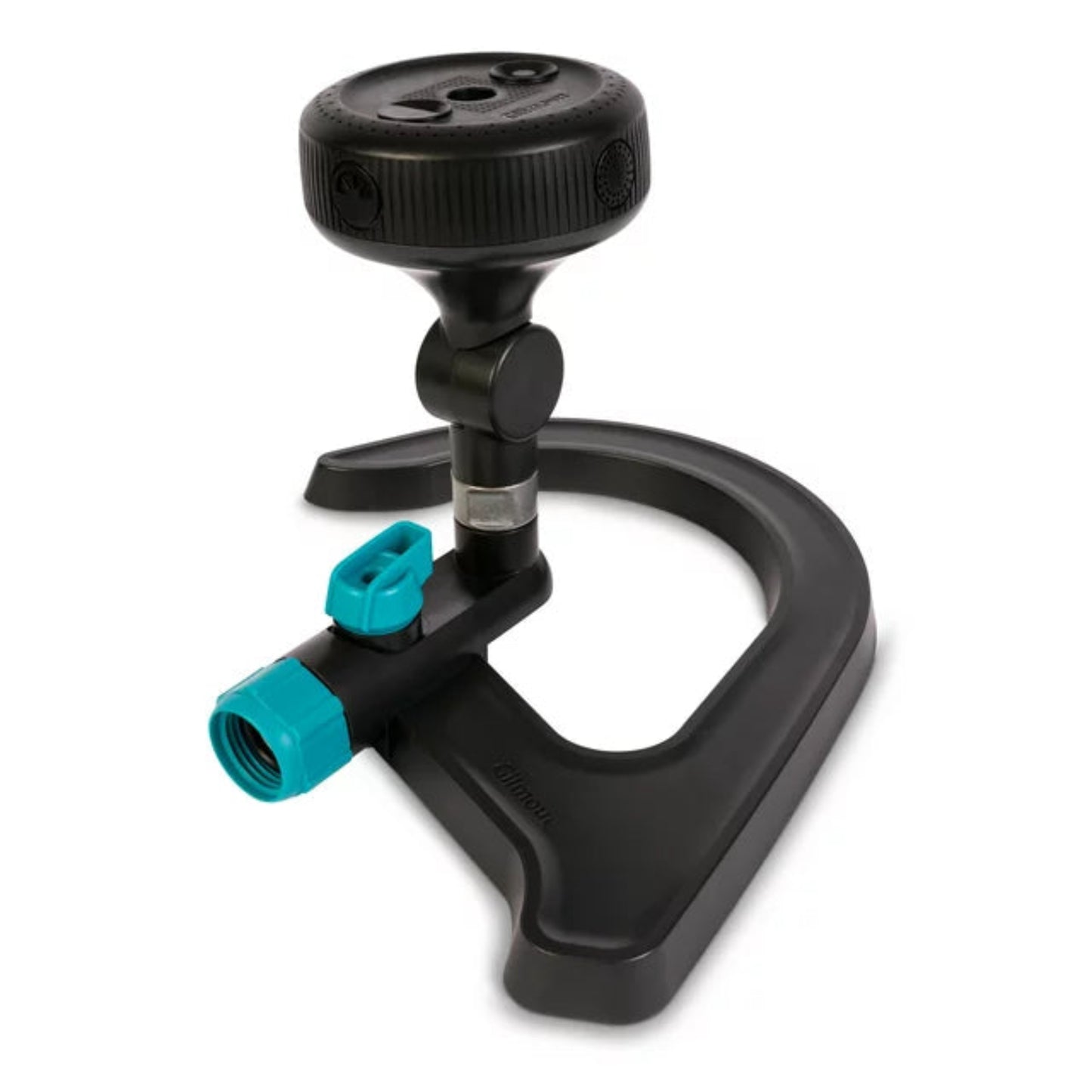 Gilmour Pivoting Multi-pattern Sprinkler Hook with on and off switch, featuring a black color with a turquoise adjustment knob and a blue hose connection.