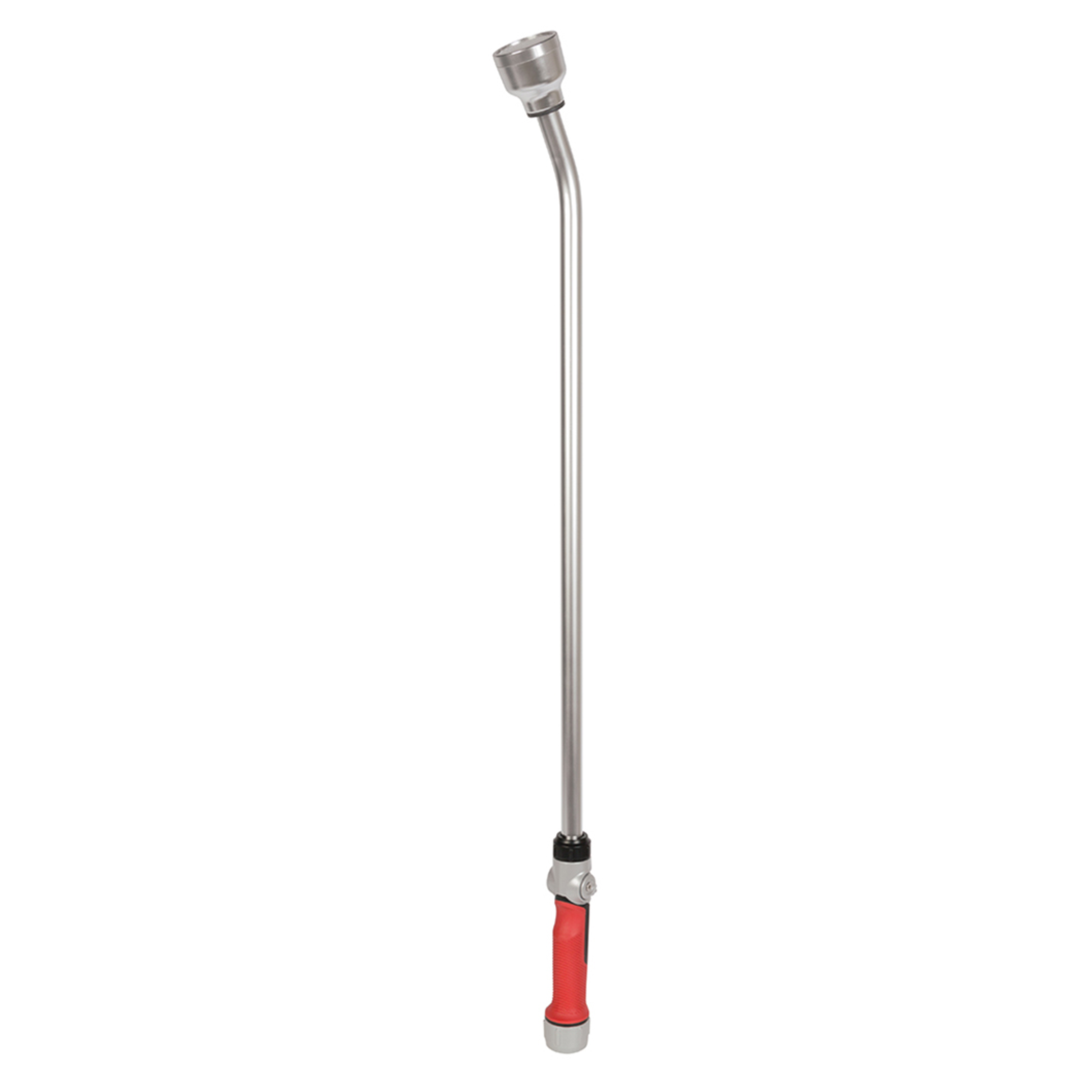 Metal garden shower head with red handle on a white background