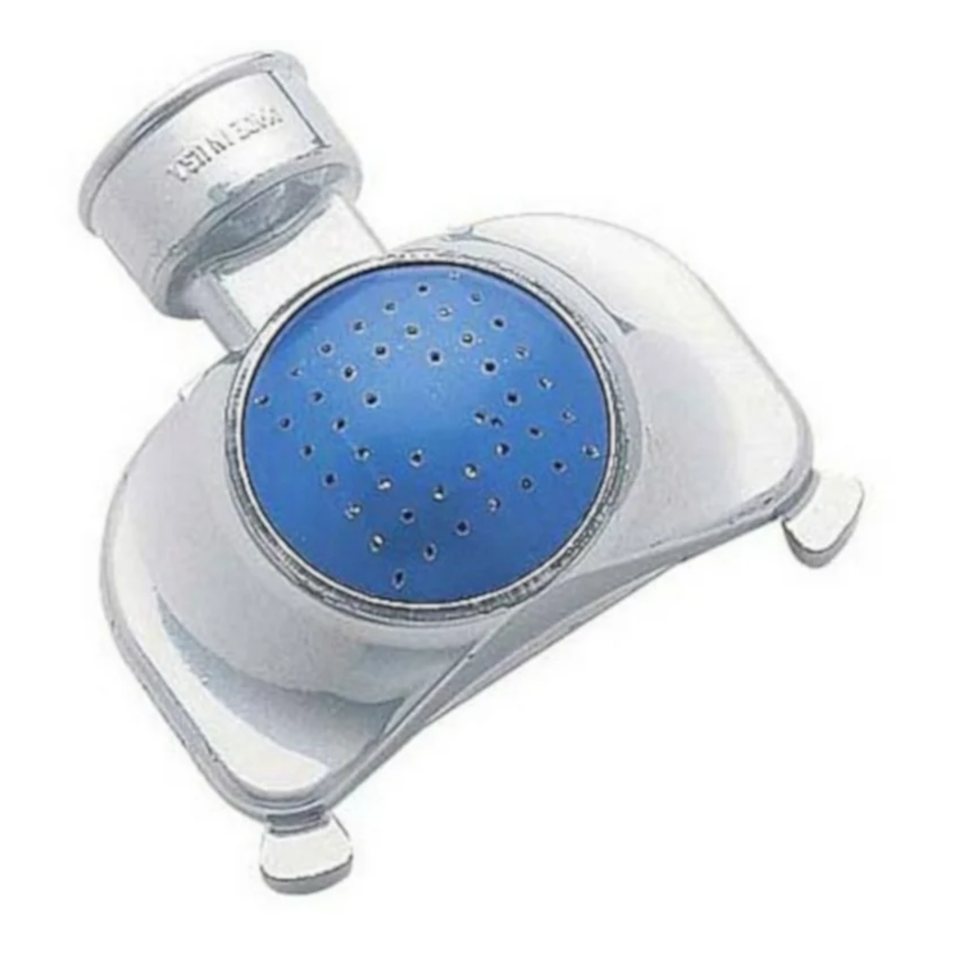 Sprinkler head with blue interior and silver exterior on a white background