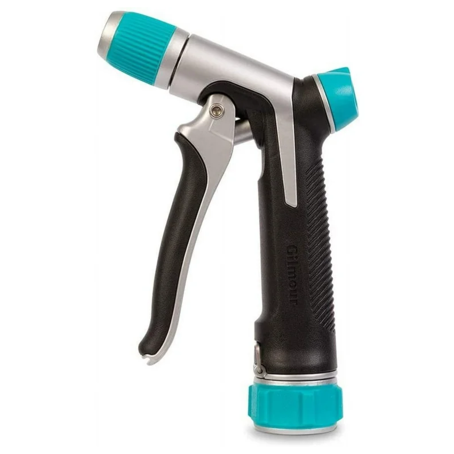 Gardening spray gun with black and teal design on a white background