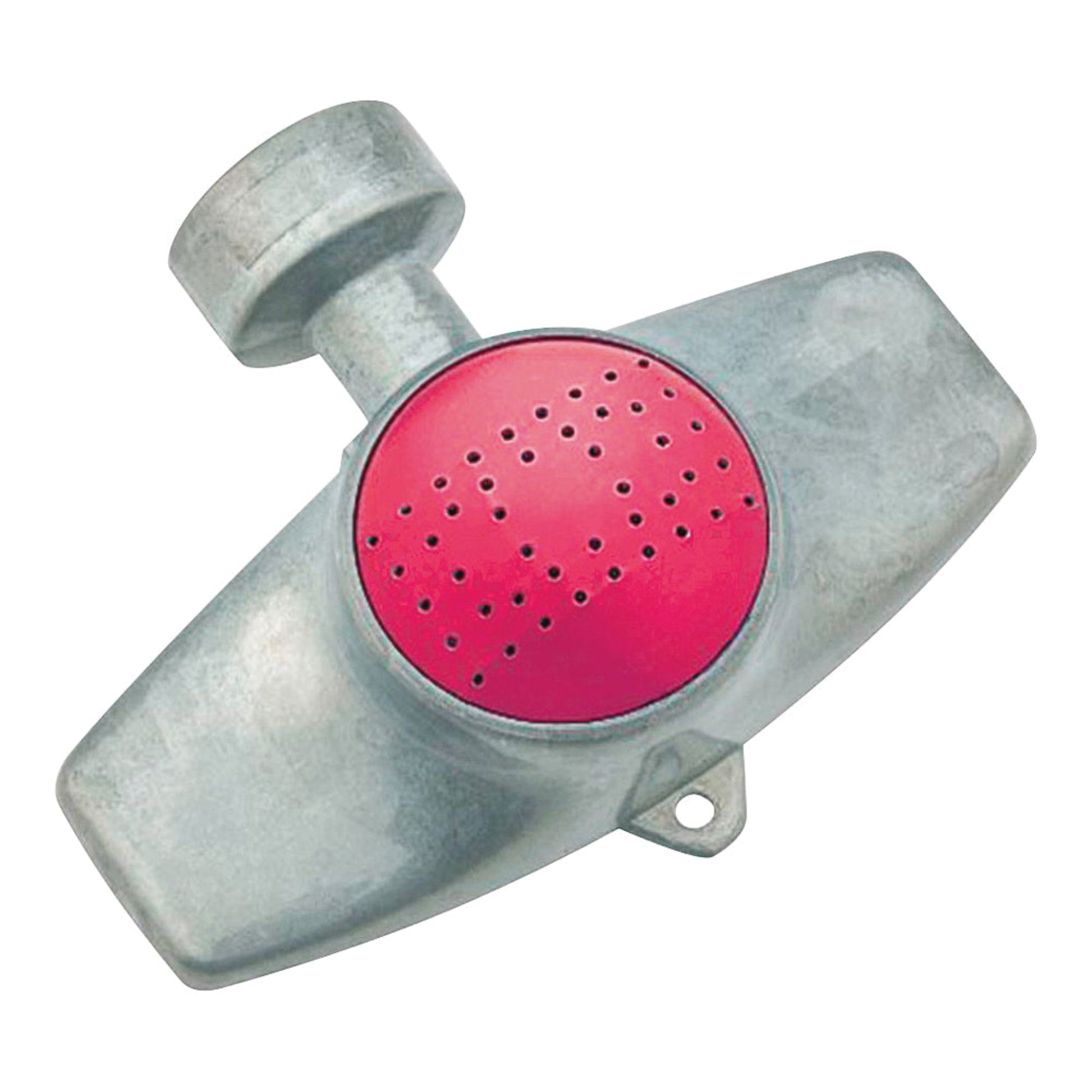 A rectangular, metal stationary sprinkler with a red central area and a gray exterior.