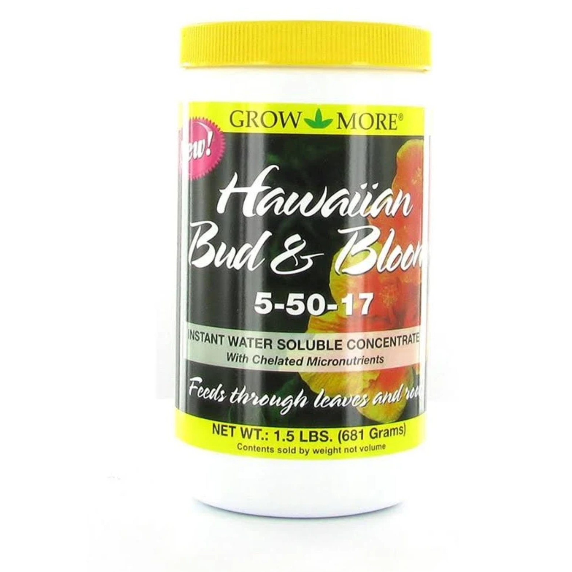 Grow More Hawaiian Bud & Bloom fertilizer container on a white background