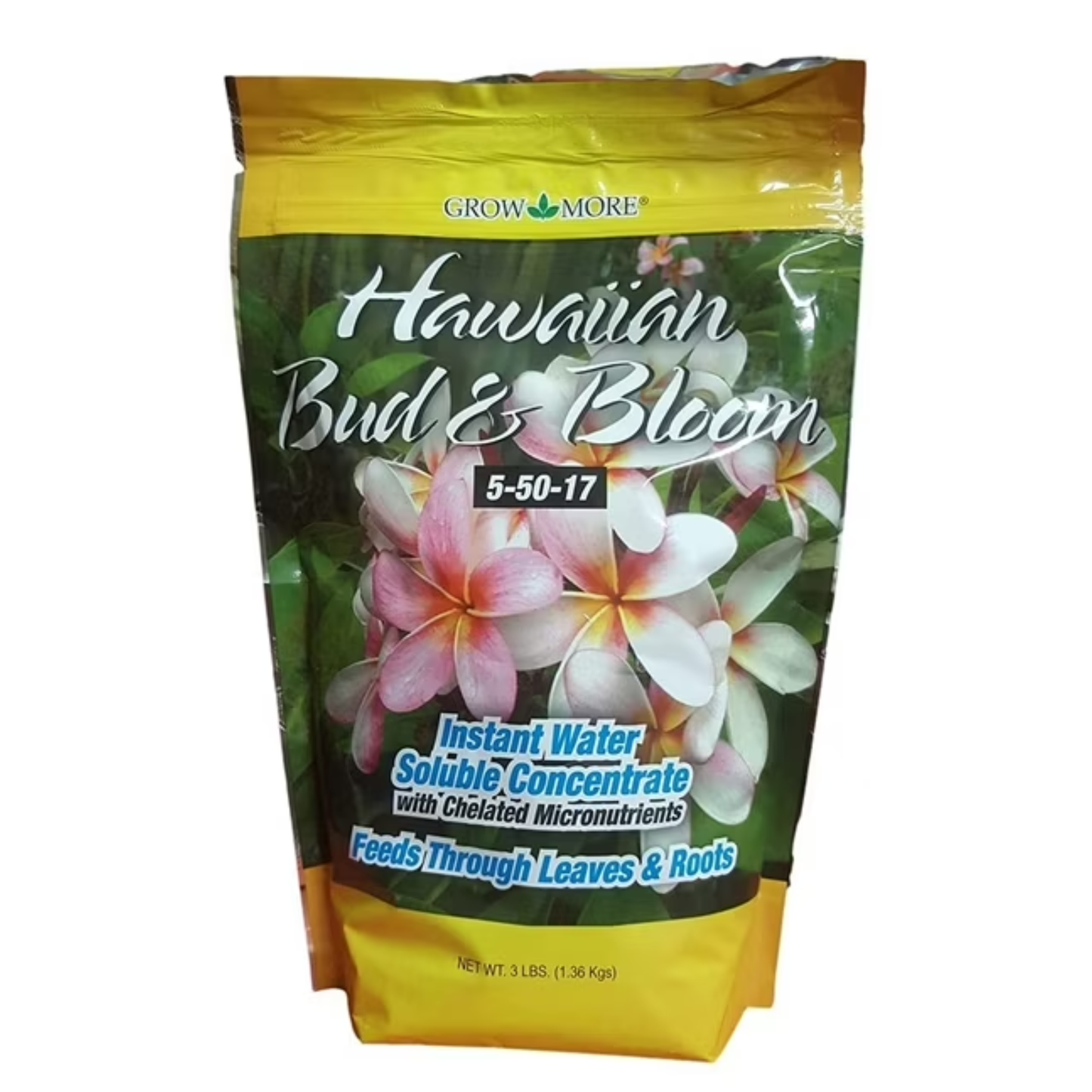 Hawaiian Bud & Bloom fertilizer package with flowers on a white background