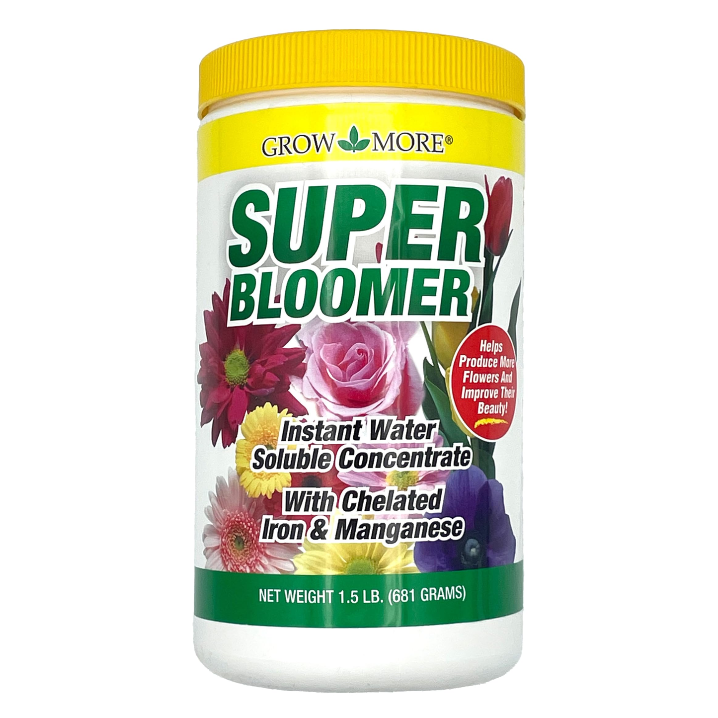 Super Bloomer fertilizer container with flowers on a white background