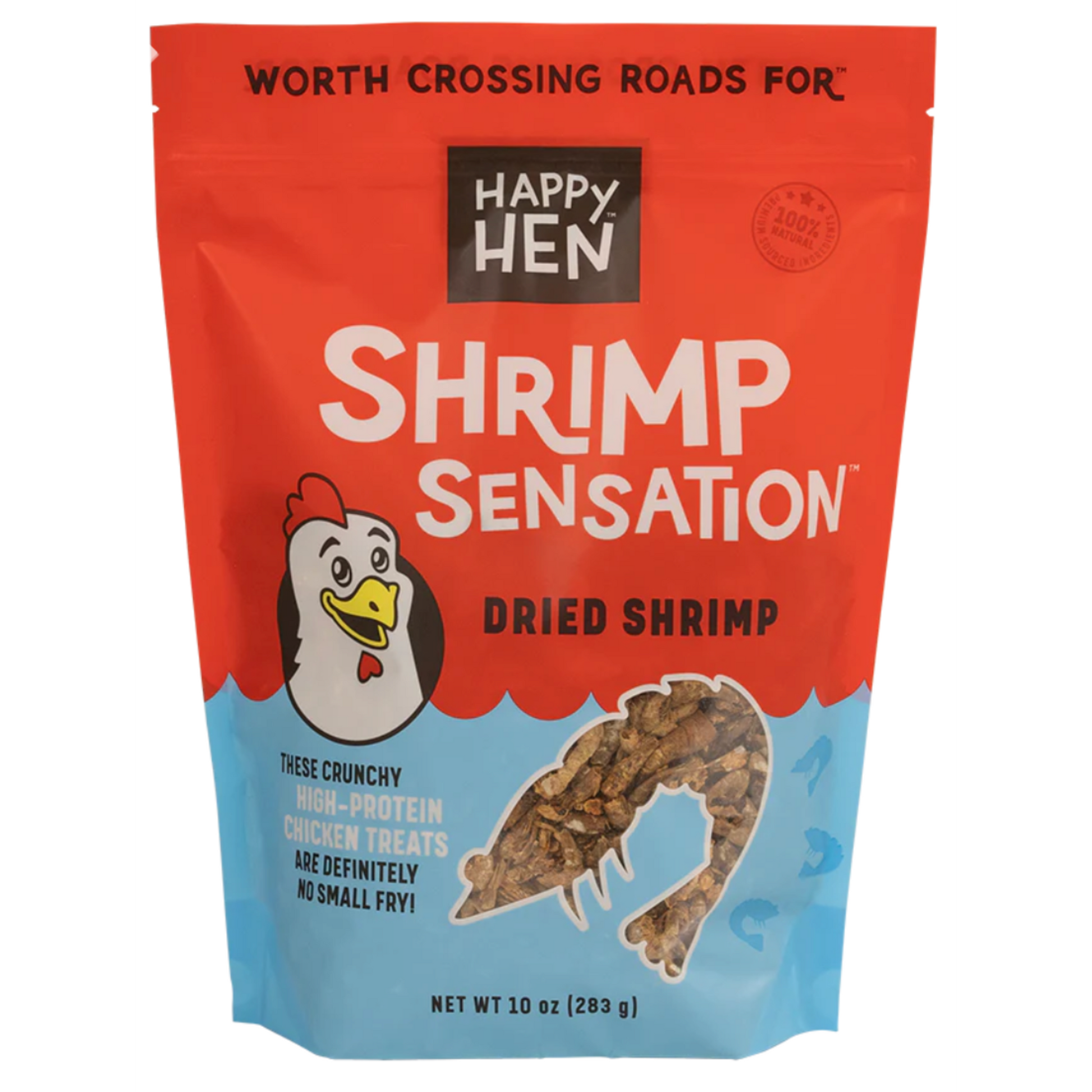 Happy Hen Shrimp Sensation dried shrimp packaging on a white background