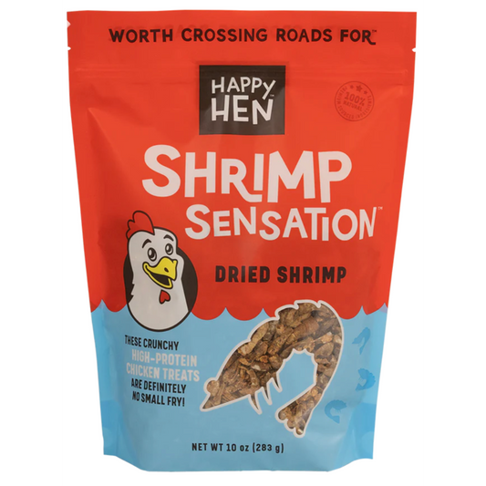 Happy Hen Shrimp Sensation dried shrimp packaging on a white background