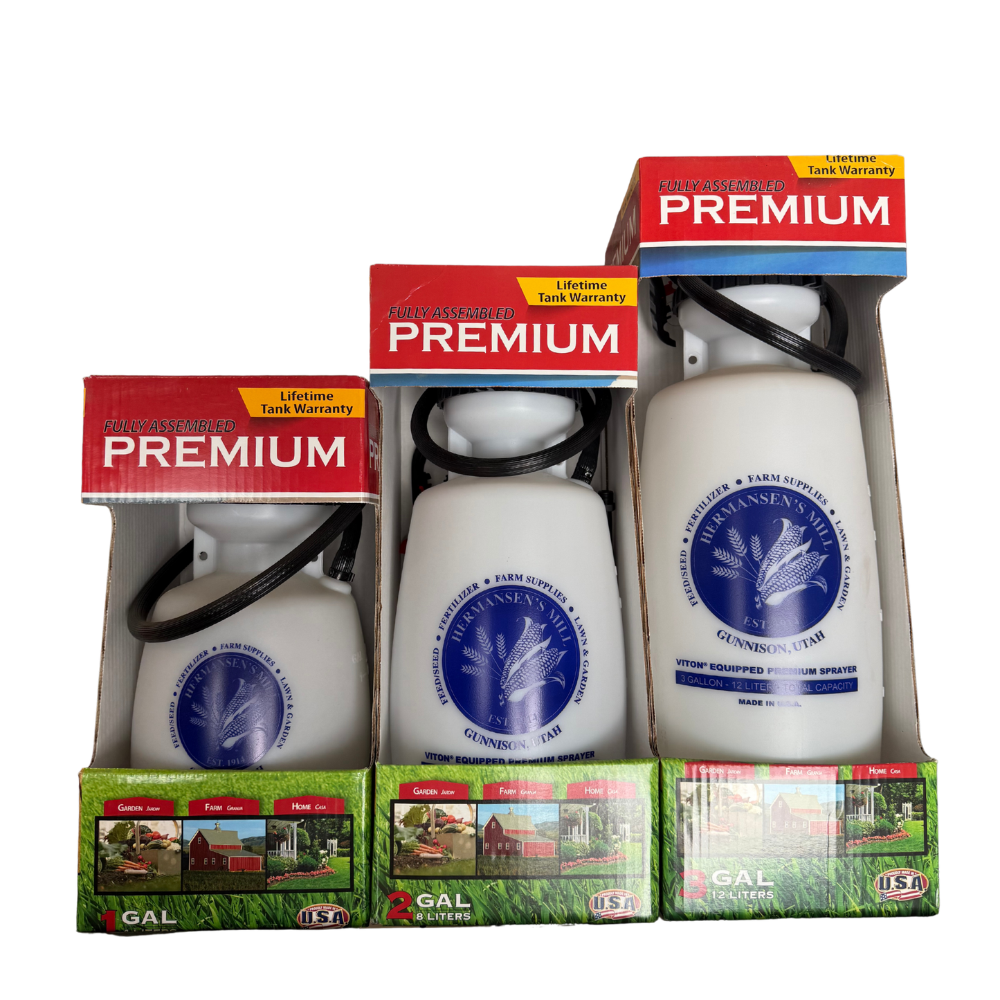 Three Farm Supreme sprayer tanks in packaging with visible branding on a white background