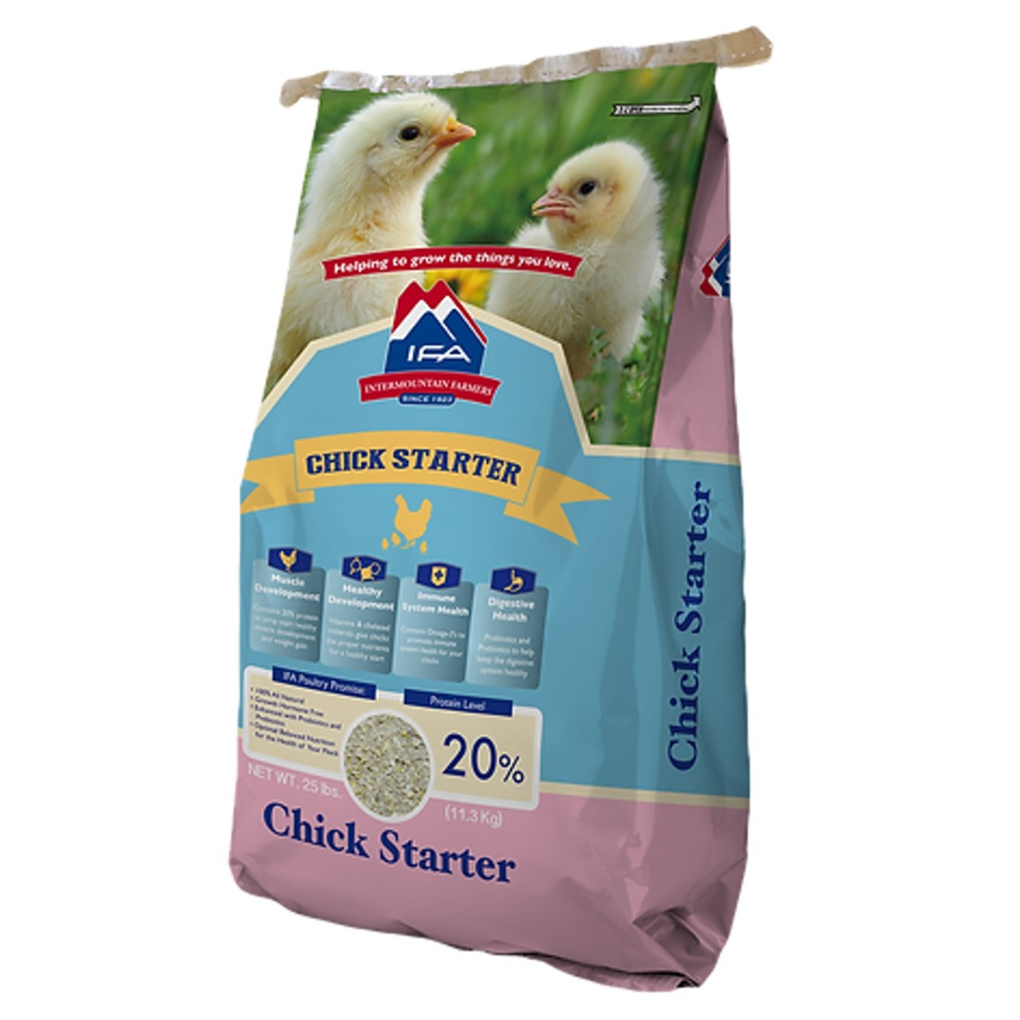 Bag of International Feeds Chick Starter with chicks on a grassy background