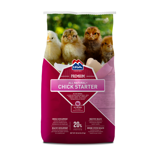 Bag of IFA Premium All Natural Chick Starter with chicks on a white background