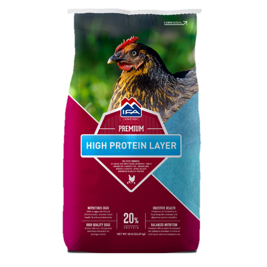 Bag of premium high protein layer chicken feed with a chicken on the label.